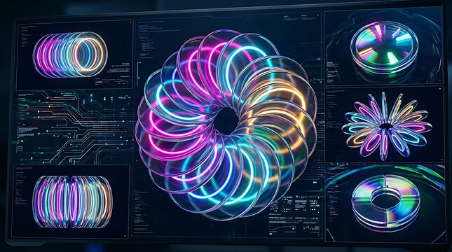 Abstract futuristic background featuring luminous neon circles rotating on a high-tech digital display with vibrant blue and purple energy trails and glowing electromagnetic light effects.