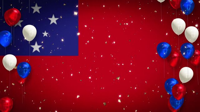 Looping 4K video. Samoan flag background. Anniversary, National Day, celebration, event, vibrant animation. Sparkling confetti, red, white, and blue balloons. Video with copy space. Samoa.