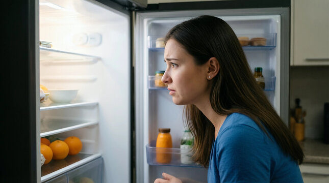 Woman looks disappointed at empty fridge with few groceries inside, expressing frustration about food shortage at home