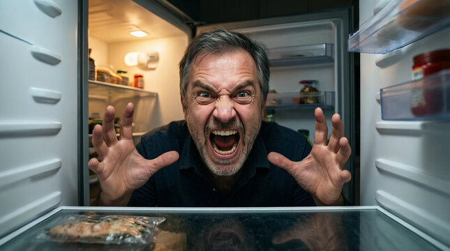 Man screaming angrily inside an open refrigerator, expressing frustration over empty food storage