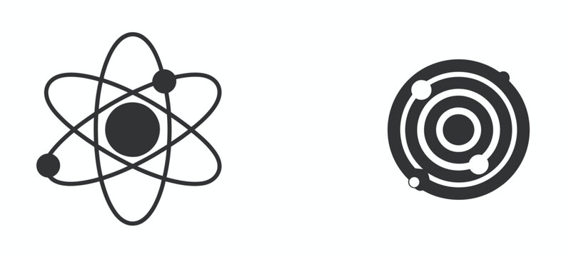 Set of two science icons featuring an atomic structure model and a planetary orbit graphic, perfect for educational design projects.