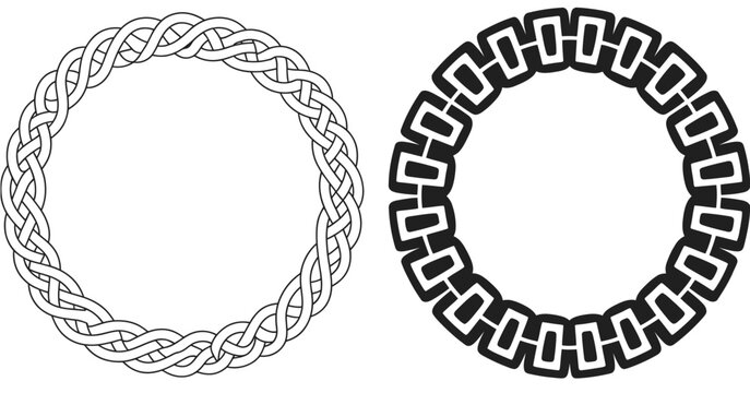 Set of two decorative circular border designs featuring a complex Celtic knot pattern and a bold geometric block frame, isolated.