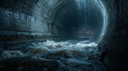 Obraz premium Water pollution in urban drainage tunnel with flowing brown contaminated water, metal walls, and dim lighting creating a dark, industrial atmosphere