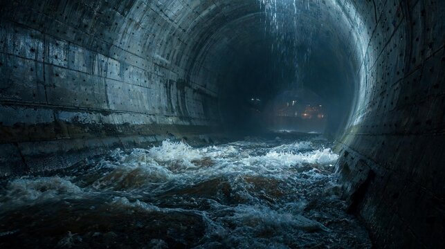 Water pollution in urban drainage tunnel with flowing brown contaminated water, metal walls, and dim lighting creating a dark, industrial atmosphere