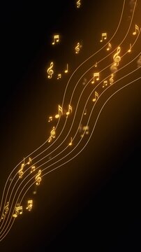 golden music note shiny glittering gold cord strings animation, musical concert and party vertical social media and story motion background