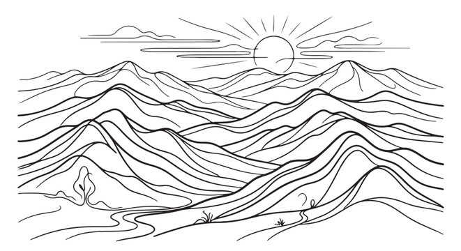Abstract mountain horizons created entirely from smooth continuous lines, minimalist vector artwork