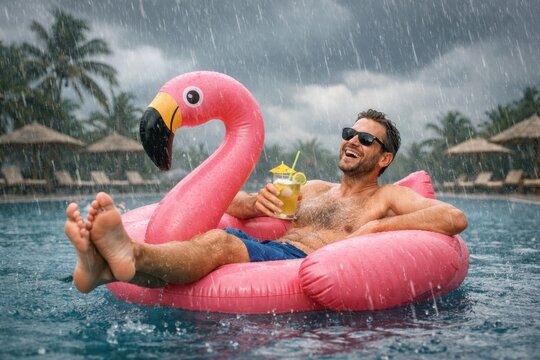 Happy man relaxing on pink flamingo float in tropical pool during heavy rain vacation party fun