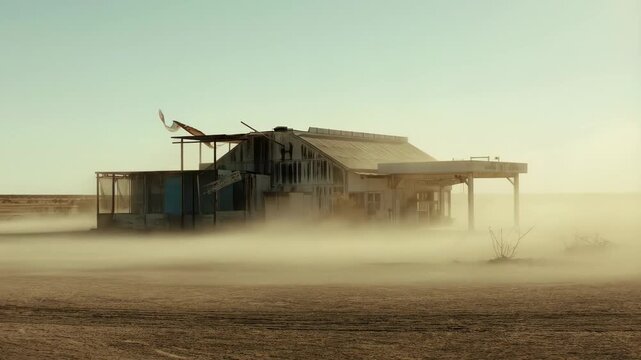 Deserted gas station in sandstorm captures timeless abandonment and natural forces