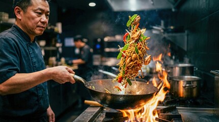 Fototapeta premium Professional Asian chef expertly stirfrying food in a flaming wok.