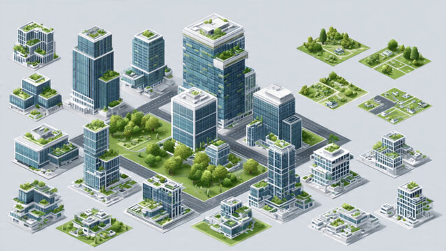 Isometric Cityscape with Modern Buildings and Green Spaces.