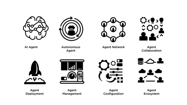 AI Agent Core Icon Pack Collection &ndash; Autonomous Agent, Agent Network, Collaboration and AI Framework Vector Icons
