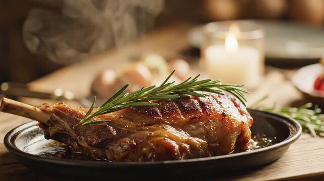 A Hand Garnishing a Savory Roast Leg of Lamb