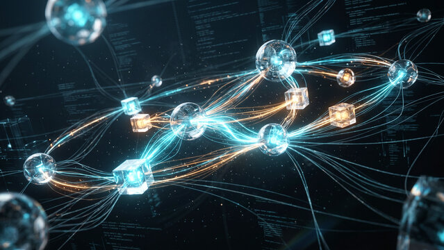 Quantum Computing Atomic Structure with Orbital Rings Glowing Nodes and Particle Network Technology