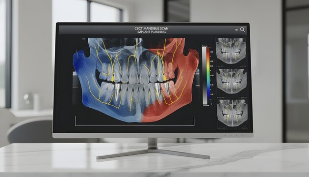 Computer monitor showing a modern 3D dental ct scan for implant planning, displaying jaw anatomy and nerve tracing on a screen in a modern clinic office concept