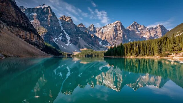 Mountain reflections at a clear lake with trees under blue skies in a national park in the daytime