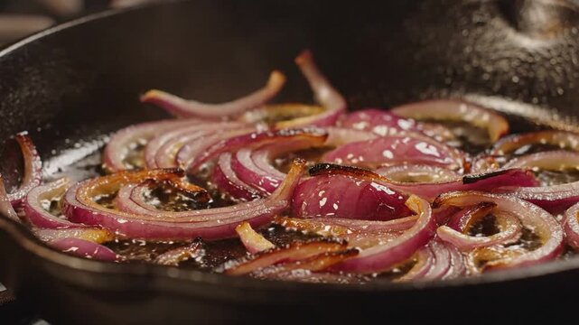 Red Onion Slices Frying in Cast Iron Skillet