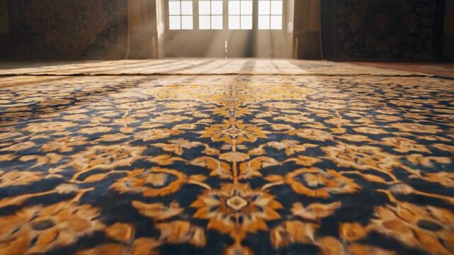 Ornate Persian Rug Illuminated by Sunbeams in a Room
