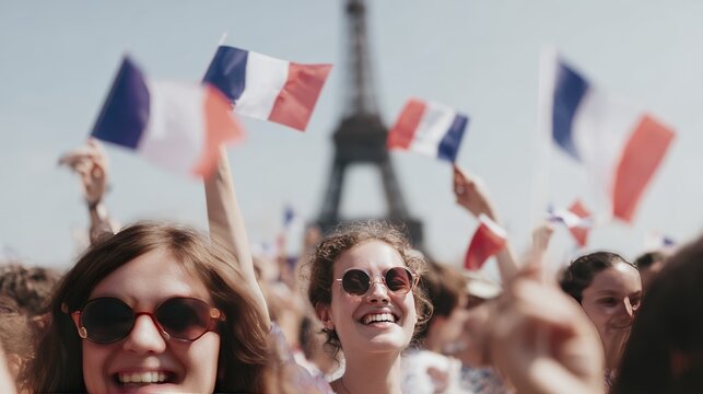 Cheering crowd with French flags celebrating in Paris