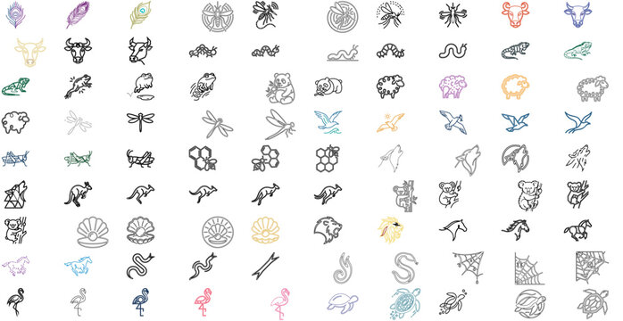 Animals and Wildlife 1 Vector Icon Set: A massive collection of 90 high-quality minimalist flat vector icons featuring cows, caterpillars, mosquitoes, pandas, frogs, and fluffy sheep graphics.