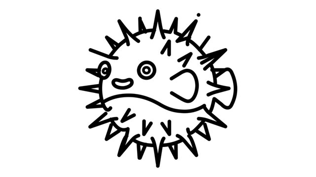 Editable stroke spiky pufferfish vector icon illustration featuring a blowfish with sharp quills, customizable line weight for marine life logos, sea creature branding, and ocean wildlife.