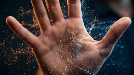 Fototapeta premium Close-up of a human hand with glowing particles of blue and orange light exploding around it