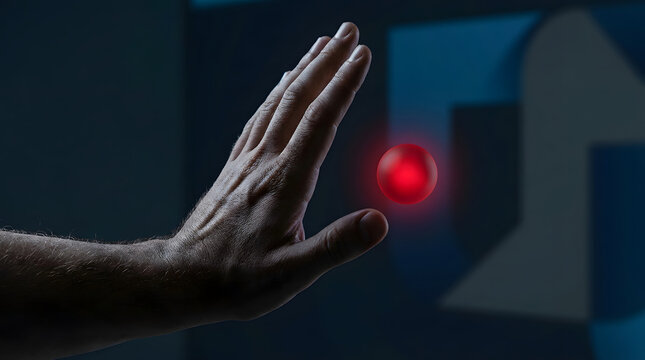 A human hand reaches out towards a glowing red orb in a dark, abstract environment