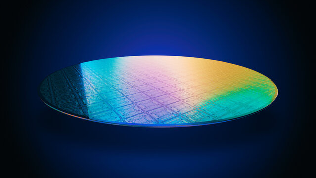 Single iridescent semiconductor wafer floating in a dramatic blue light as a 3D render, ideal for technology AI chip manufacturing or semiconductor industry visuals