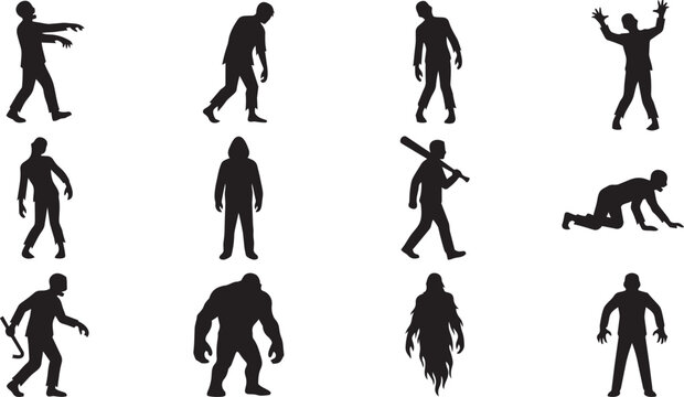 Zombie Silhouette Collection Featuring Undead Characters, Walking Dead Monsters, Horror Creatures and Halloween Apocalypse Design Elements