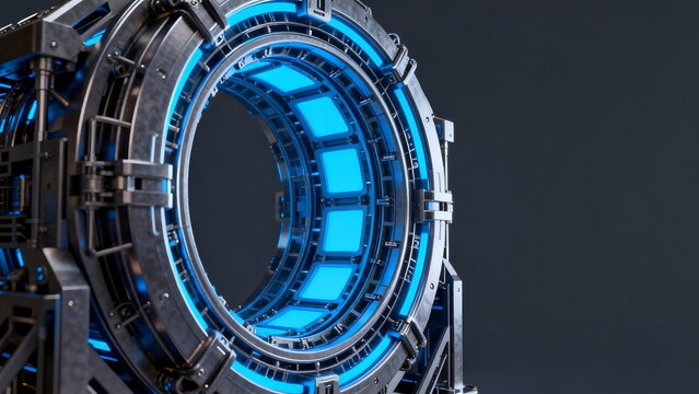 Futuristic circular metallic structure with blue lights