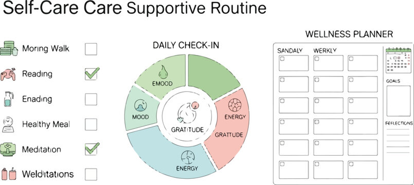 Wellness planner layout for self care and habit tracking