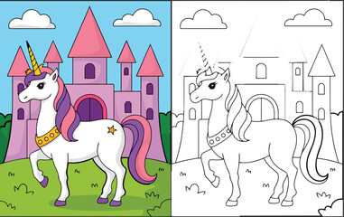 Fototapeta premium An enchanting unicorn stands proudly in front of a magical pink castle with clouds and green grass