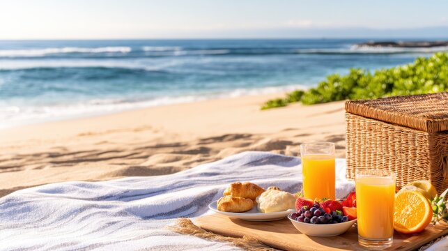 A beachside breakfast spread featuring fruits, pastries, and refreshing drinks on a towel