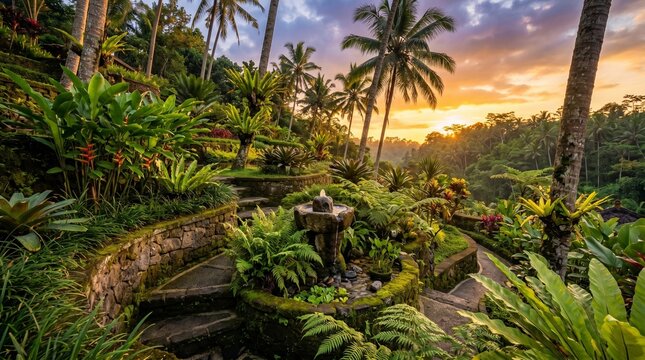 Lush Tropical Garden in Bali with Stone Fountain and Palm Trees at Sunset, Exotic Jungle Valley Landscape during Golden Hour, Serene Luxury Resort and Wellness Travel Concept.