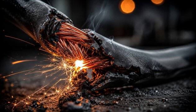 Sparks Fly from Damaged Electrical Cable on Dark Background