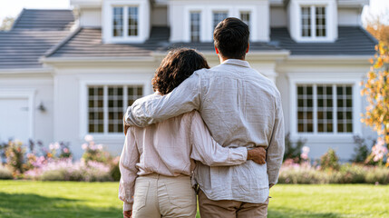 Fototapeta premium Couple embracing while standing in front of a large suburban house with a manicured lawn and flowerbeds in daylight.