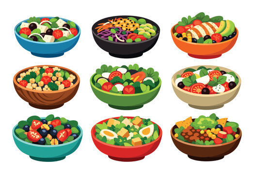 Salads compiling diverse ingredients for healthy eating, including vegetables, fruits, grains, nuts, and proteins, promoting balanced nutrition