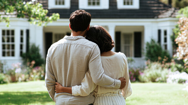 A couple embraces while standing in front of a charming house surrounded by blooming flowers and greenery on a sunny day.