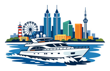 Naklejka premium Yacht moving fast on water with the Toronto city skyline and landmarks in the background. Travel, vacation, and luxury concept
