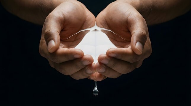 Cupped hands gently hold white liquid with a single drop falling dramatically against a dark background