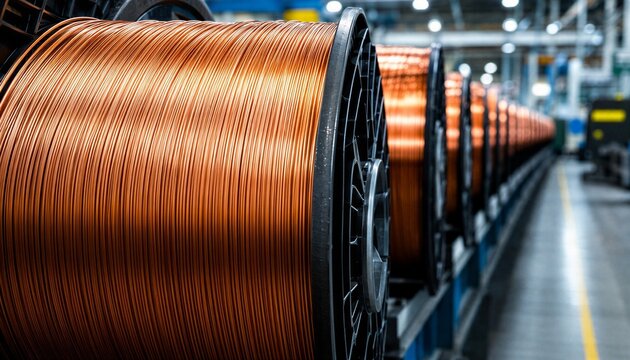 Copper Wire Spools in Industrial Factory Setting with Metal Spool