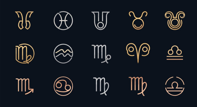 Golden and white astrological zodiac symbols in linear pattern