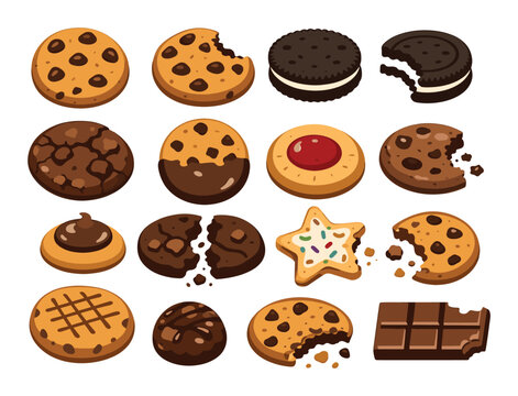 Variety of cookies and chocolate pieces, some bitten, illustrating sweet desserts and confectionery treats