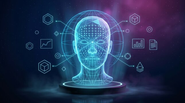 Futuristic holographic AI face with neural network globe and data icons in cyberspace