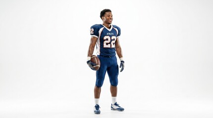 Obraz premium Young African American football player in uniform holding a ball on white background