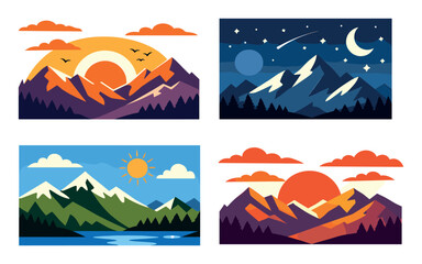 Naklejka premium Four distinct mountain scenes showing changing light conditions, including dawn, day, sunset, and nighttime