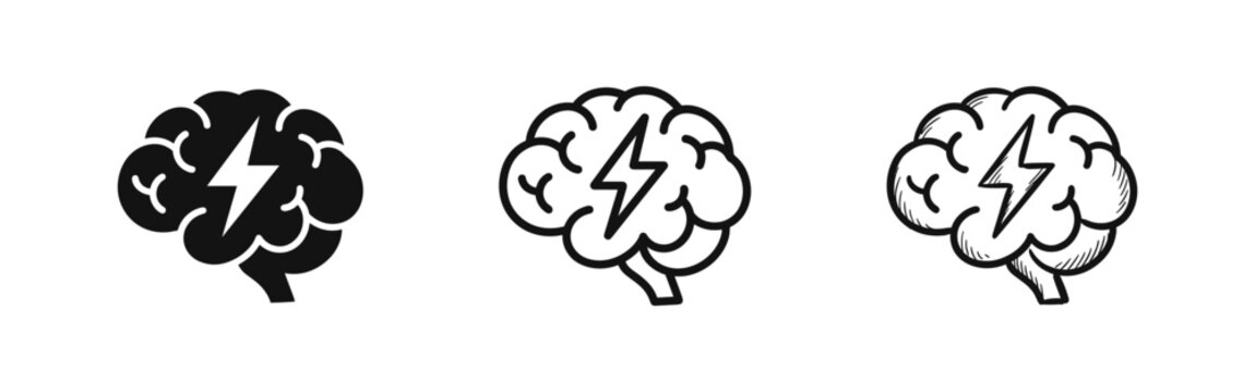 Brain with Lightning Bolt Icon Set in Glyph Line and Doodle Styles