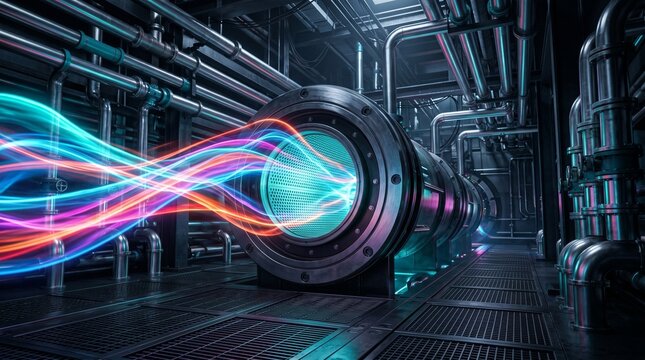 Futuristic industrial engine room with glowing energy beams through metal reactor