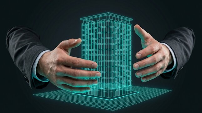 Architect hands holding glowing holographic building model on digital wireframe concept