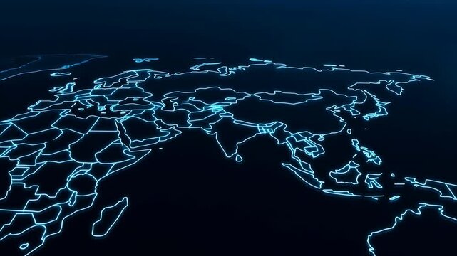 Glowing blue abstract map outlines on a dark navy background with futuristic geographic lines