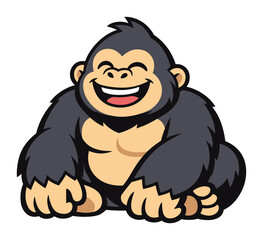 Obraz premium Cute cartoon gorilla character laughing with a big smile, sitting on a white background, projecting happiness, joy, and amusement